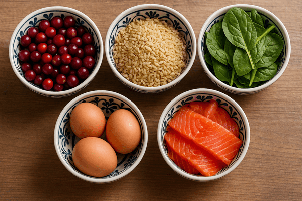 ІП'ять продуктів для весняного оновлення та зміцнення імунітету: журавлина, коричневий рис, шпинат, яйця, червона риба
